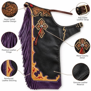 May include: A black leather chap featuring long purple leather fringe, hand-tooled floral accents, and a cross-shaped applique with a metal concho. The design includes an adjustable brown leather strap, reinforced stitching, and red trim details.