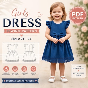 Patron de couture PDF pour robe d'été fille | Patron de couture pour robe bébé | Patron de robe à volants pour fille | Robe à volants | Robe à manches papillon | Tailles 1 à 14 ans