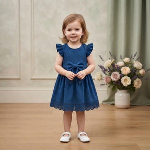 Peut inclure: Une robe bleu foncé sans manches avec des épaules à volants, un nœud central à la taille et un ourlet en dentelle festonnée. La robe est associée à des chaussures plates blanches simples, créant un ensemble épuré pour un jeune enfant.