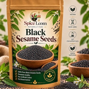 May include: A tan stand-up pouch of Spice Loom Black Sesame Seeds featuring a wooden bowl filled with black seeds, green leaves, and white flowers. The label lists features including Vegan, Non-GMO, No Preservatives, and 100% Natural.
