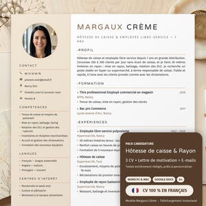 Peut inclure: Un modèle de CV professionnel pour hôtesse de caisse et employée libre-service au nom de Margaux Crème, incluant une photo circulaire, les coordonnées, les compétences et l'expérience, avec un encart informatif marron.