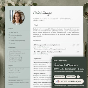 Student CV (Work-Study Program) in French, Application Pack (Word, Google Docs), 3 CVs, Cover Letter, Emails, ATS CV Template, Sage Color