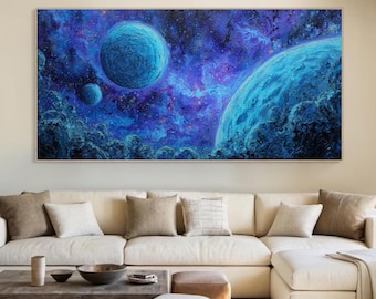 Blue Celestial Galaxy Oil Painting, Purple Nebula Cosmos Wall Art, Textured Universe Planets On Canvas, Modern Astronomy Science Home Decor