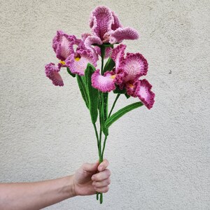 Op de afbeelding: Een boeket van drie gehaakte irissen met geplooide roze en paarse bloemblaadjes met gele harten, bevestigd aan lange groene stelen met gestructureerde bladeren. De bloemen zijn vervaardigd met ingewikkelde garensteken en levendige kleuren.