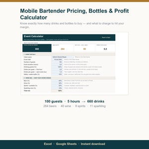 Mobiler Barkeeper-Kalkulator | Eventpreise, Flaschen, Gewinn-Tabelle (Excel, Google Sheets)