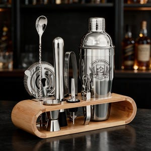Puede incluir: Un juego de coctelera de acero inoxidable con soporte de bambú. La coctelera presenta un grabado de un vaso con hielo y el texto John Anderson Est 2024. El juego incluye un colador, una cuchara larga trenzada, un medidor y un vertedor.