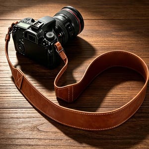 May include: A black digital camera with a large lens attached to a wide, tan-coloured leather camera strap. The strap features visible white stitching along the edges and is connected to the camera body with metal hardware and leather loops.