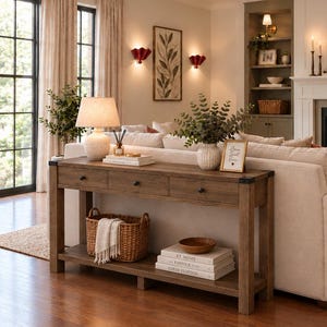 Narrow Entryway Console Table with 3 Drawers, Open Storage Shelf, Metal Corners, Slim Sofa Table for Living Room, Farmhouse Style