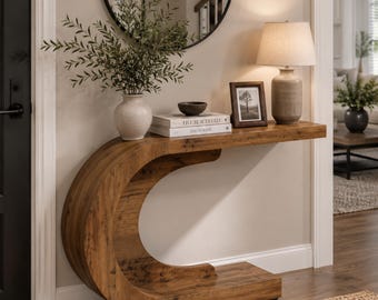 Mid-Century Modern Console Table for Entryway, Wood C-Shaped Hallway Entry, Accent Table for Living Room, Narrow Console Table for Entrance