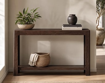 Narrow Console Table with Shelf, 2-Tier Slim Solid Wood Sofa Table with storage