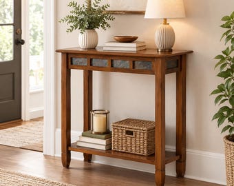 Solid Wood Narrow Console Table -  Rustic Oak Rectangle with Rustic Slate Tile Highlights and Shelf