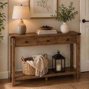 Narrow Entryway Console Table with 3 Drawers, Open Storage Shelf, Metal Corners, Slim Sofa Table for Living Room, Farmhouse Style
