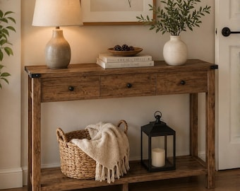 Narrow Entryway Console Table with 3 Drawers, Open Storage Shelf, Metal Corners, Slim Sofa Table for Living Room, Farmhouse Style