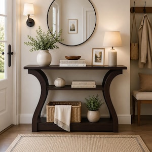 May include: A dark brown wooden console table with curved legs and two shelves. The top shelf holds a white vase with greenery, a wooden bowl, stacked books labeled Live Beautifully and This Is Home, and a lamp. A basket with a cloth sits below.