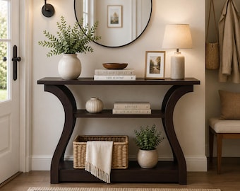 Narrow Entryway Wood Console Table with with Charging Station, 3 Tier Modern Open Storage Shelf, Slim Accent Sofa Table for Livingroom