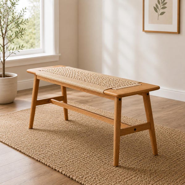 Solid Oak Narrow Bench for Entryway with Hand Woven Rattan, Skinny 31 Inch Boho Bench for Small Space, Modern Seat for Bedroom Living Room