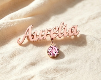 Luxury Custom Name Brooch, Gold Silver Rose Gold Personalized Pin, Handmade Gemstone Jewelry For Women