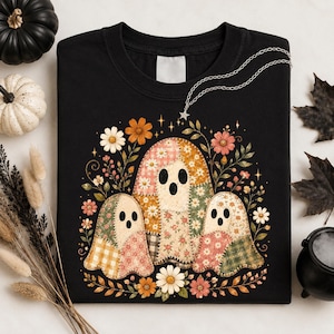 Patchwork Floral Ghost PNG, Checkered Boho Halloween Graphic, Preppy Distressed Autumn Sublimation, Retro Shirt Artwork, Digital Download