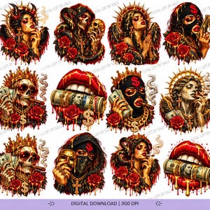 Puede incluir: Una colección de doce ilustraciones digitales con temas góticos y urbanos, incluyendo figuras con coronas, calaveras, rosas rojas, oro derretido, billetes, puros y máscaras, representadas con paletas de colores vibrantes en rojo, negro y oro.
