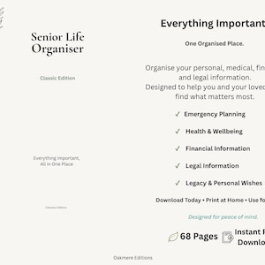 Senior Life Organiser Printable PDF | Emergency Binder | Medical & Financial Planner | End of Life Planner | A4 Digital Download