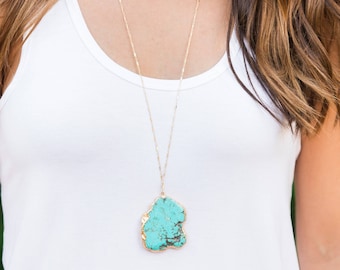 TURQUOISE PENDANT NECKLACE // Long Turquoise Stone Necklace - Gold Electroplated Stone - Long Layering Boho Necklace