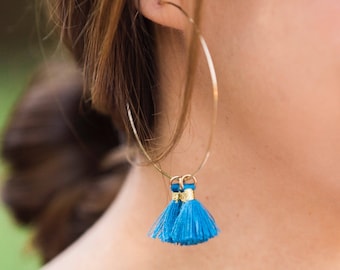 TASSEL HOOP EARRINGS // Tassel Statement Earrings - Delicate Gold Filled, Sterling Silver Earrings - Light Hammered Hoops - 2.5 inch, 2 inch