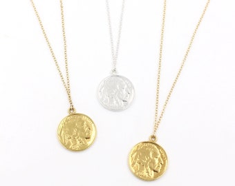 COIN PENDANT NECKLACE // Gold-filled, Sterling Silver Coin - Buffalo Nickel Coin Pendant - Vintage Coin Necklace - Layering Necklace