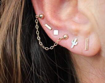 DOUBLE STUD CHAIN Earring // Gold Filled, Sterling Silver Delicate Post Earrings - Tiny Studs - Ear Climber - Multiple Piercings - Cartilage