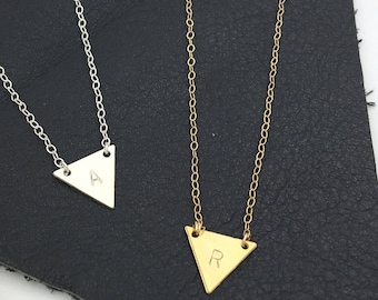 TRIANGLE INITIAL NECKLACE /// Small Hand-stamped Gold or Silver Triangle Letter Necklace - Personalized Gift- Custom Necklace - handstamped