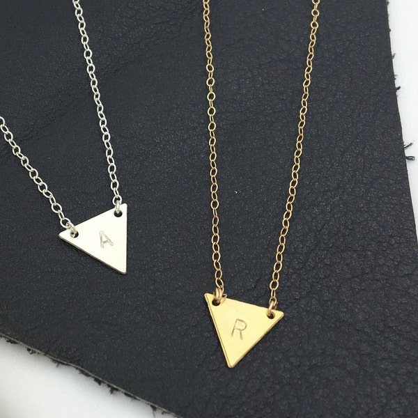 TRIANGLE INITIAL NECKLACE /// Small Hand-stamped Gold or Silver Triangle Letter Necklace - Personalized Gift- Custom Necklace - handstamped