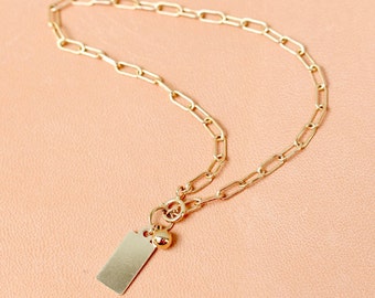 LINK TAG BRACELET / Gold Drawn Link Chain Bracelet - Gold Tag Bracelet - Gold Charm Bracelet - Simple Stacking - Adjustable -Customizable