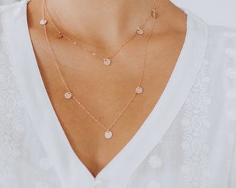 DOUBLE STRAND CHARM Necklace // Dainty Delicate Layered Necklace - Diamond Charm - Circle Disc Charm Necklace - Gold, Rose Gold, Silver