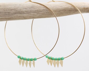 NATIVE HOOP EARRINGS // Turquoise Hoops - Gold Hoops - Thin Gold Hoops - Lightweight Hoop Earrings - Teal Beaded Earrings