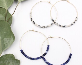 SKY BEADED HOOPS // 14KGold-fill Hoops - Sodalite Bead, White Howlite Bead Earrings - Sterling Silver Hoop Earrings - Lightweight Hoops