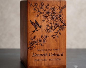 Personalized Cherry Blossom Swallow Wood Cremation Urn, Memorial Box (Custom Engraving)
