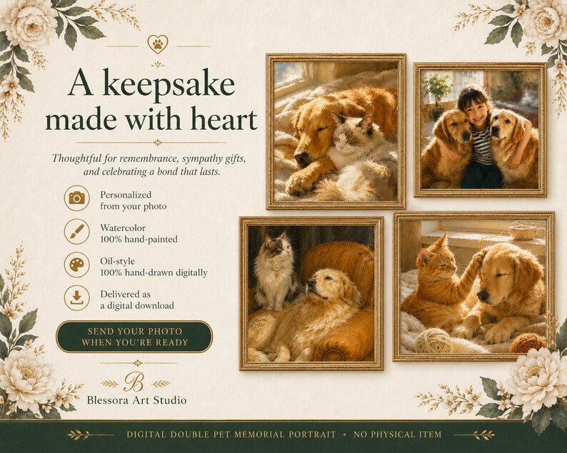 Custom Two Pet Memorial Portrait From Photo | Hand-drawn Digital Oil ...