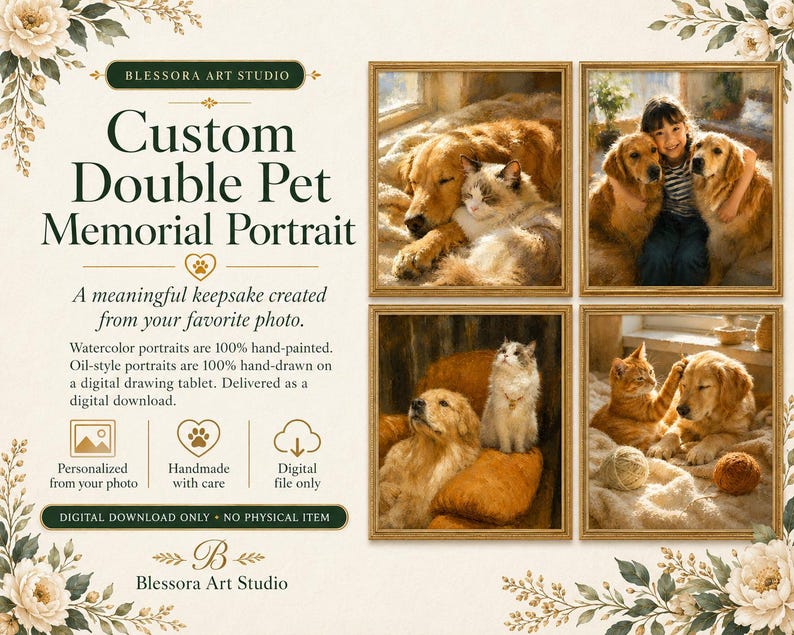 Custom Two Pet Memorial Portrait From Photo | Hand-drawn Digital Oil ...