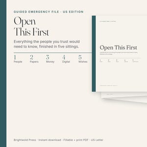 May include: A Guided Emergency File US Edition document with a cream background and dark teal accents. The cover features the text Open This First, followed by five numbered sections: People, Papers, Money, Digital, and Wishes, organized in a list.