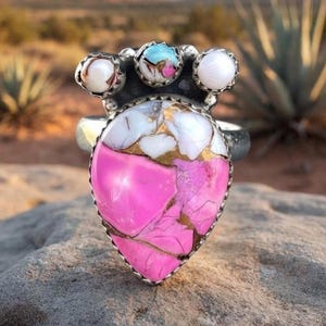 Pink MOOP Turquoise Ring, Sterling Silver Statement Ring, Southwestern Bohemian Jewelry, Unique Gemstone Cocktail Ring, Gift for Her