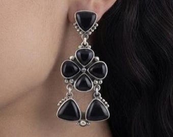 Natural Black Onyx Chandelier Earrings Sterling Silver, Southwestern Statement Dangle Drops, Black Gemstone Tiered Jewelry Best Gift For Mom