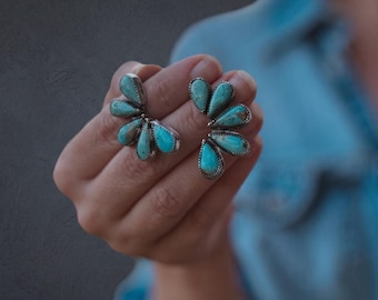 Natural Turquoise Studs - 925 Sterling Silver Studs - Half Cluster Studs - Pear Shaped Turquoise Studs - Turquoise Statement Studs