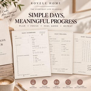 Op de afbeelding: Een digitale planner-set getiteld The Everyday Life Planner van Rovele Home, bestaande uit een voorpagina, een dagelijks dashboard, een welzijnsblad en een gewoonte-tracker. Crèmekleurige pagina's met zwarte tekst en minimalistische iconen.