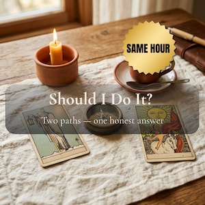 May include: A beige linen cloth featuring two tarot cards, a small compass, a terracotta candle holder with a lit yellow candle, and a brown ceramic cup. Text reads: SAME HOUR, Should I Do It? Two paths — one honest answer.