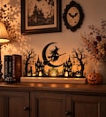 Spooky Halloween Tabletop Decor, Metal Silhouette Candle Display, Gothic Haunted House Centerpiece, Witchy Fall Mantel Decoration
