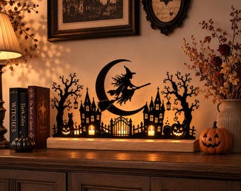Spooky Halloween Tabletop Decor, Metal Silhouette Candle Display, Gothic Haunted House Centerpiece, Witchy Fall Mantel Decoration