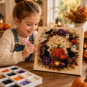 Puede incluir: Un kit de pintura de diamantes cuadrado con un diseño de corona de Halloween que incluye calabazas, gatos negros, fantasmas, una luna creciente y un farol. La obra está compuesta por cuentas coloridas sobre lienzo y una bandeja de cuentas.