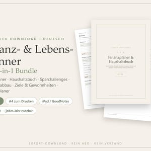 May include: A digital finance and life planner bundle featuring a 96-page layout, A4 printable format, and compatibility with iPad and GoodNotes. The cover displays the text Finanz- & Lebens-Planner Das 5-in-1 Bundle and Finanzplaner & Haushaltsbuch 2024.
