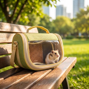 Puede incluir: Un pequeño transportín para mascotas de color verde claro y amarillo con una ventana frontal transparente. Dentro del transportín, se ve un pequeño hámster marrón y blanco. El bolso cuenta con un asa superior, una correa para el hombro y un interior tejido.