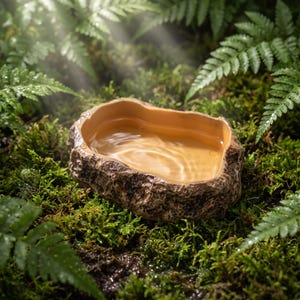 Könnte beinhalten: Eine flache, ovale Wasserschale mit einer strukturierten, braunen Außenseite, die natürlichem Gestein oder Baumrinde nachempfunden ist. Das Innere des Beckens ist glatt, hellbraun und mit klarem Wasser gefüllt, das Licht reflektiert.