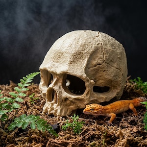 Könnte beinhalten: Eine beige, texturierte Nachbildung eines menschlichen Schädels mit hohlen Augenhöhlen und Nasenhöhle, platziert neben einem kleinen orangefarbenen, schwarz gefleckten Leopardgecko auf einem Bett aus braunem Moos und grünen Farnblättern.